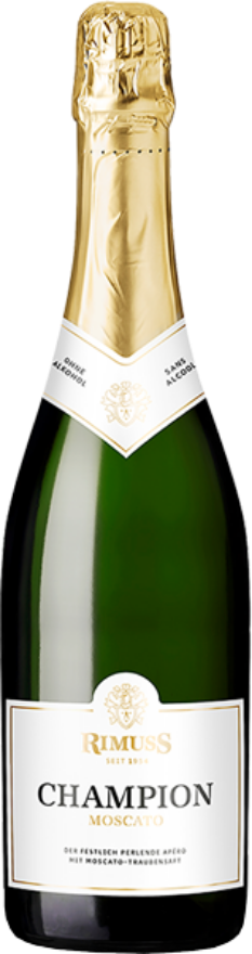 Rimuss Champion Moscato, Le jus de raisin Moscato perlant et festif est présenté dans une bouteille de champagne pour les occasions particulières.