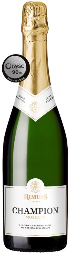 Rimuss Champion Moscato, Le jus de raisin Moscato perlant et festif est présenté dans une bouteille de champagne pour les occasions particulières.